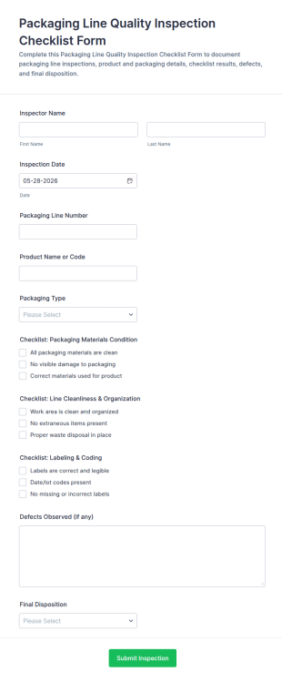 Packaging Line Quality Inspection Checklist Form Template
