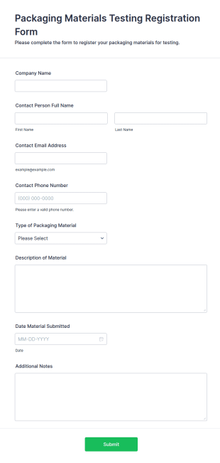 Packaging Materials Testing Registration Form Template