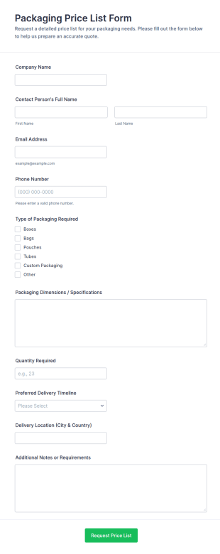 Packaging Price List Form Template