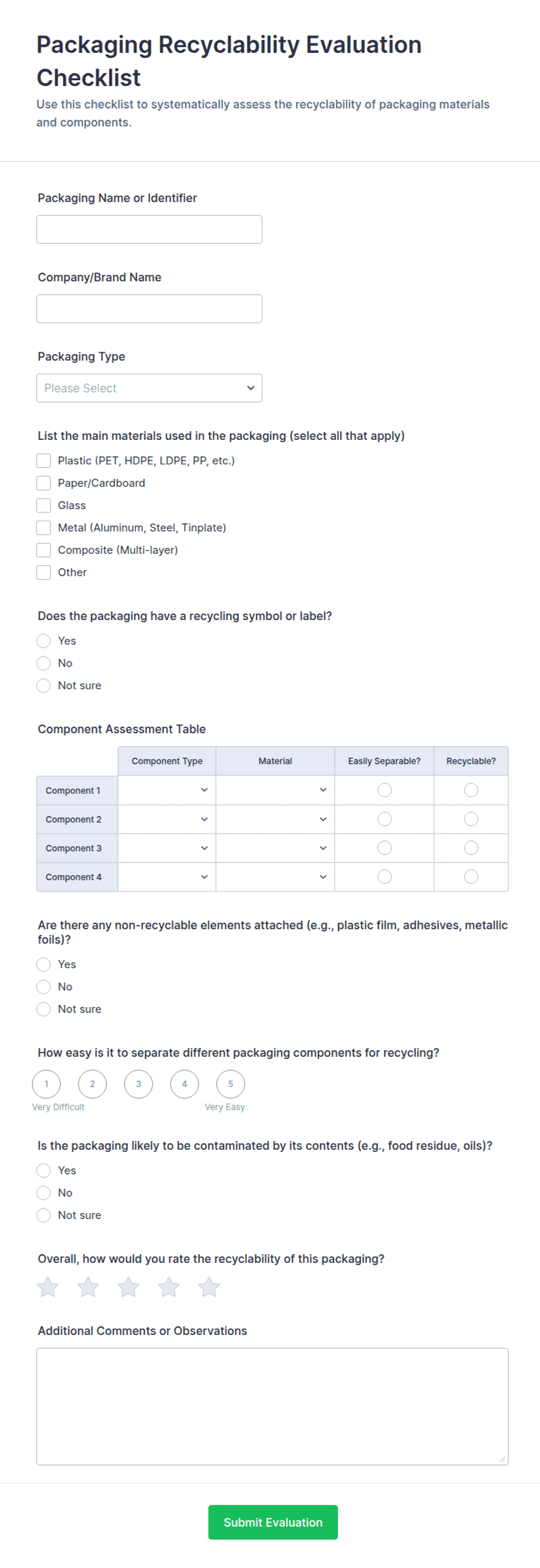 Packaging Recyclability Evaluation Checklist Form Template | Jotform