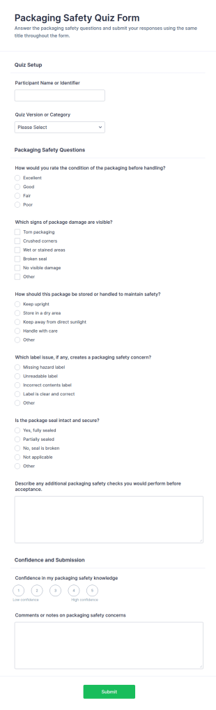 Packaging Safety Quiz Form Template