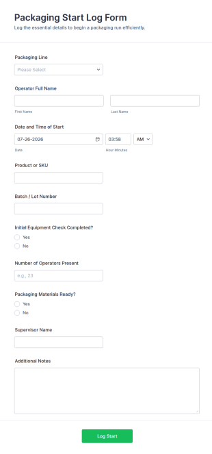 Packaging Start Log Form Template