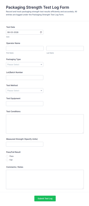 Packaging Strength Test Log Form Template