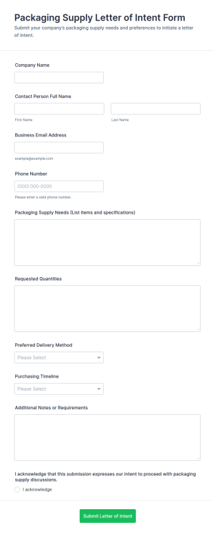 Packaging Supply Letter Of Intent Form Template