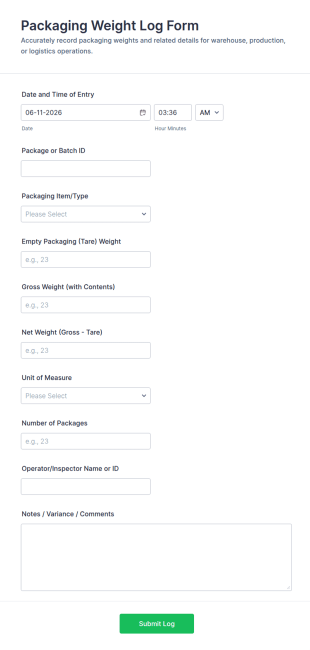 Packaging Weight Log Form Template