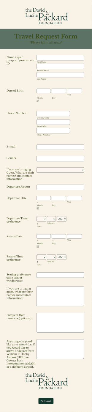 Packard Foundation Reunion 2018 Travel Request Form Template