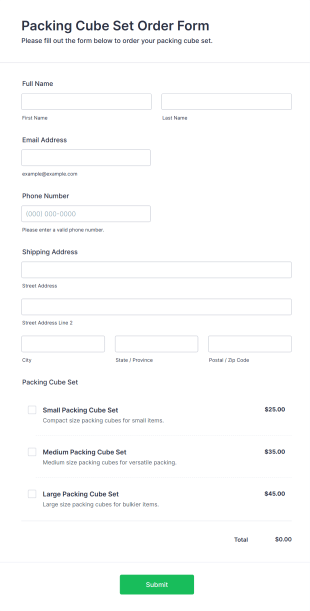 Packing Cube Set Order Form Template