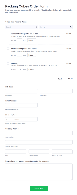 Packing Cubes Order Form Template