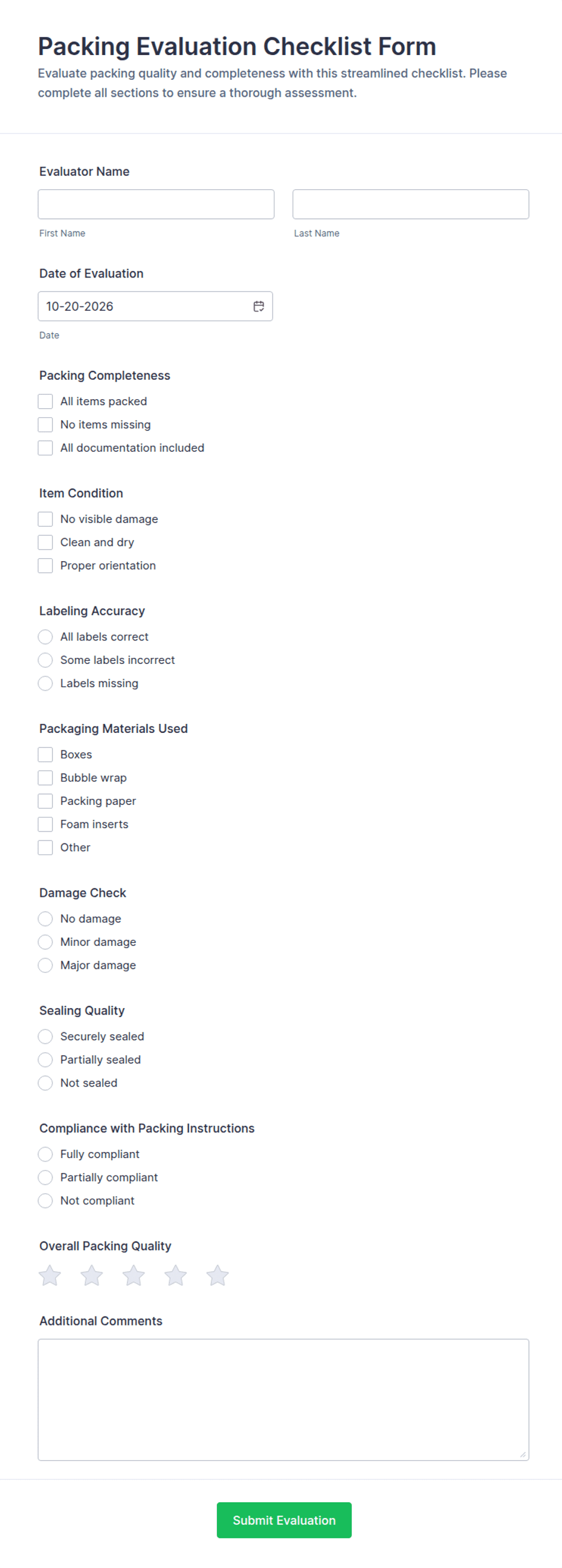 Packing Evaluation Checklist Form Template | Jotform