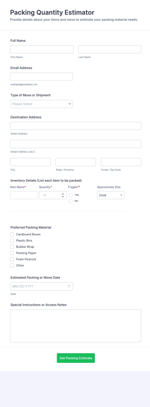 Packing Quantity Estimator Form Template