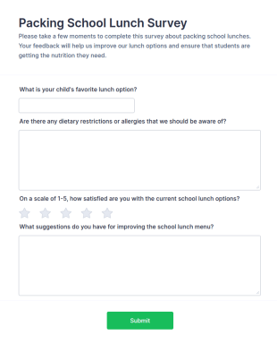 Packing School Lunch Survey Form Template