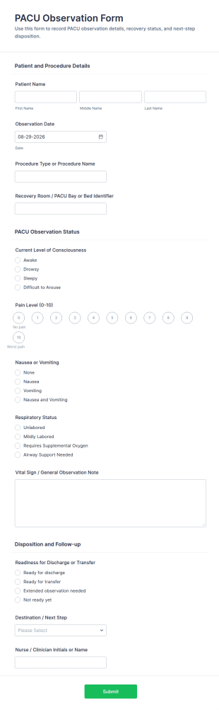 PACU Observation Form Template