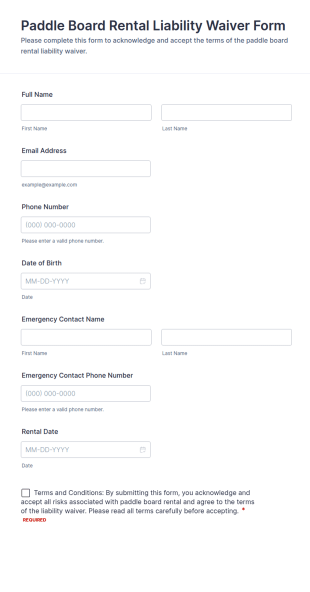 Paddle Board Rental Liability Waiver Form Template