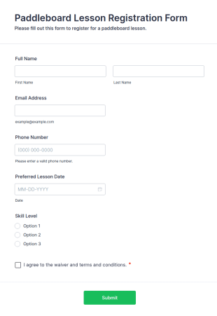 Paddleboard Lesson Registration Form Template