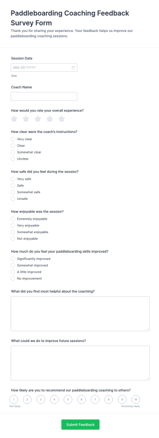 Paddleboarding Coaching Feedback Survey Form Template