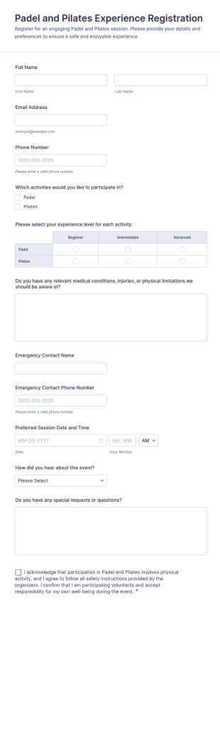Padel And Pilates Experience Registration Form Template