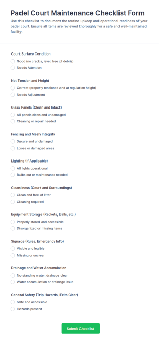 Padel Court Maintenance Checklist Form Template