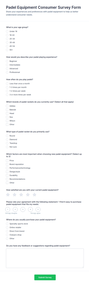 Padel Equipment Consumer Survey Form Template