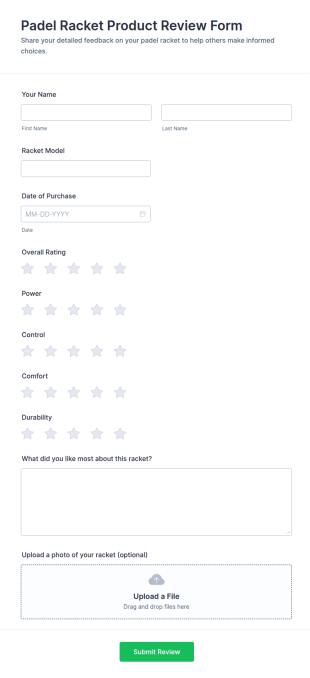 Padel Racket Product Review Form Template
