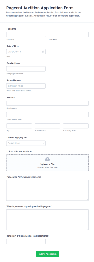 Pageant Audition Application Form Template