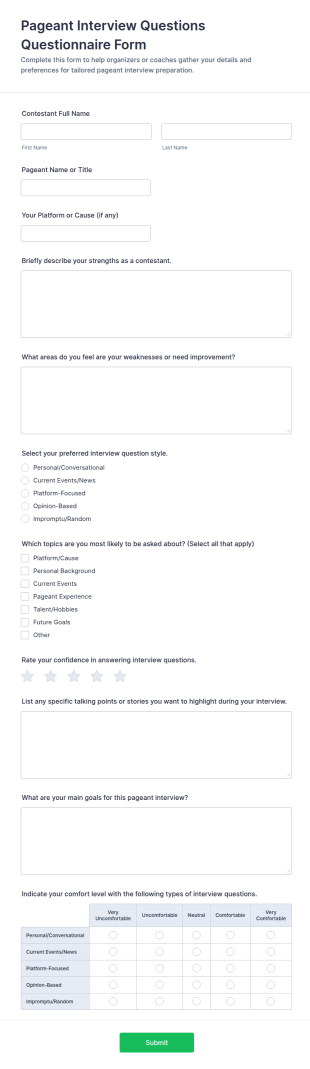Pageant Interview Questions Questionnaire Form Template