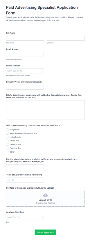 Paid Advertising Specialist Application Form Template