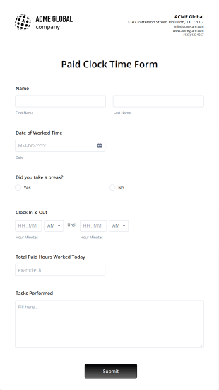Paid Clock Time Form Template