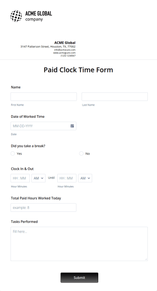 Paid Clock Time Form Template