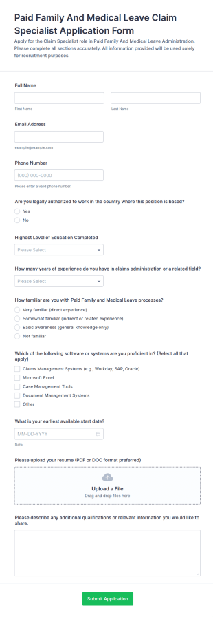 Paid Family And Medical Leave Claim Specialist Application Form Template