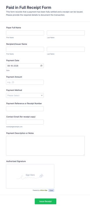 Paid In Full Receipt Form Template