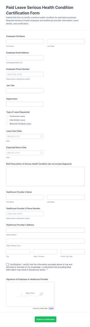 Paid Leave Serious Health Condition Certification Form Template