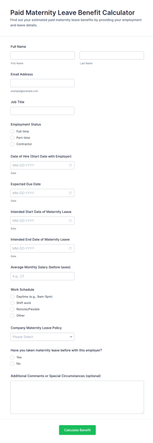 Paid Maternity Leave Benefit Calculator Form Template