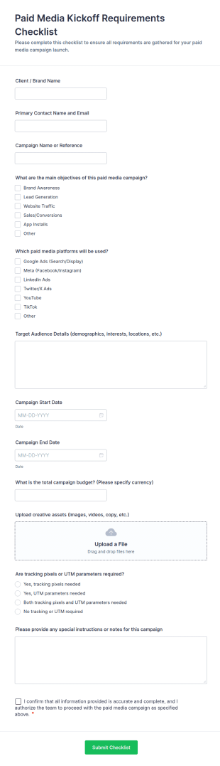 Paid Media Kickoff Requirements Checklist Form Template