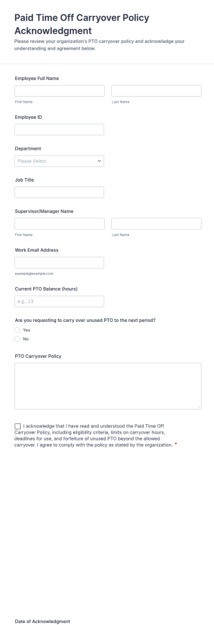 Paid Time Off Carryover Policy Acknowledgment Form Template