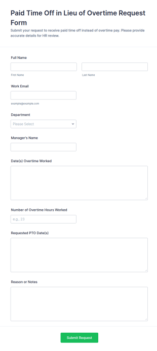Paid Time Off In Lieu Of Overtime Request Form Template