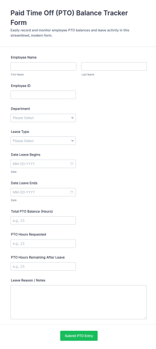Paid Time Off (PTO) Balance Tracker Form Template