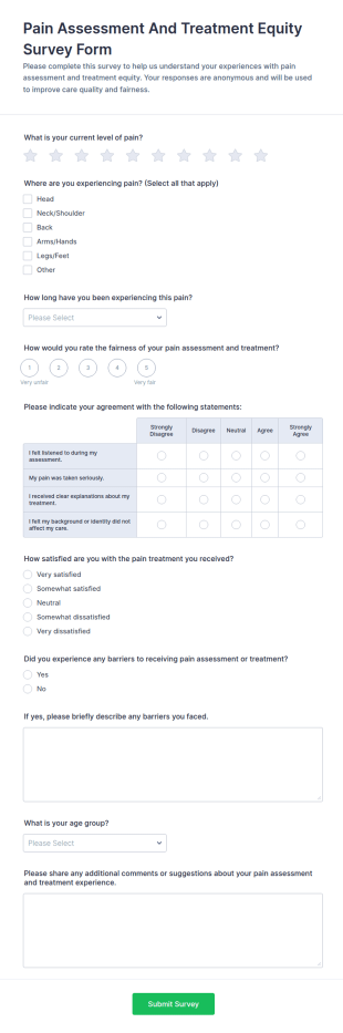 Pain Assessment And Treatment Equity Survey Form Template