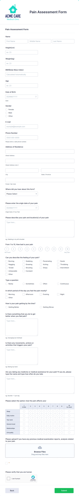 Pain Assessment Form Template