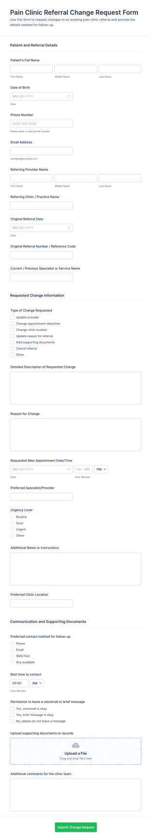Pain Clinic Referral Change Request Form Template