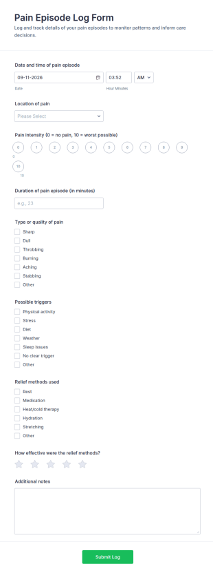 Pain Episode Log Form Template