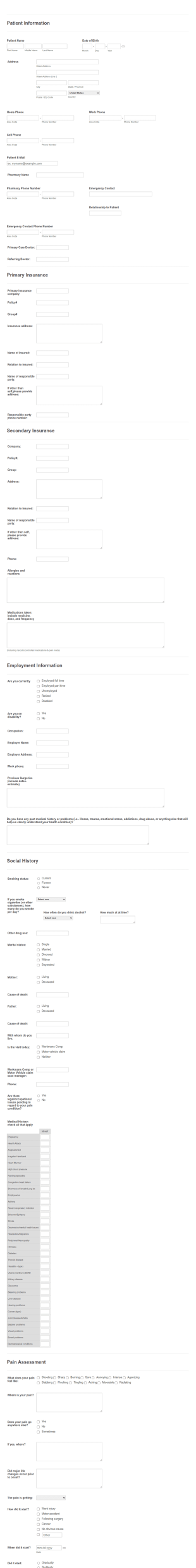 Pain Management Institute Patient Forms Form Template