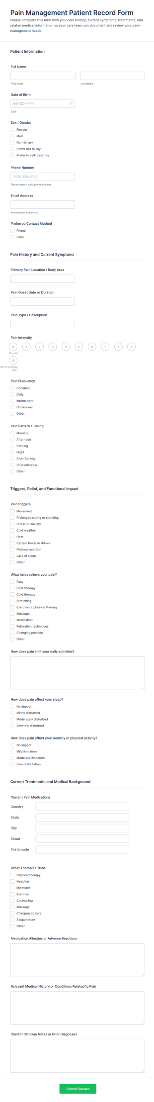 Pain Management Patient Record Form Template