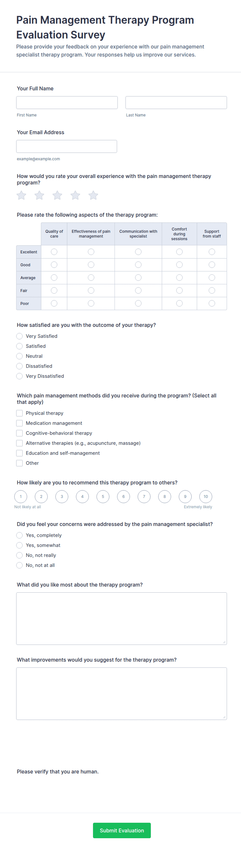Pain Management Therapy Program Evaluation Survey Form Template | Jotform