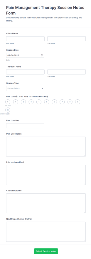 Pain Management Therapy Session Notes Form Template