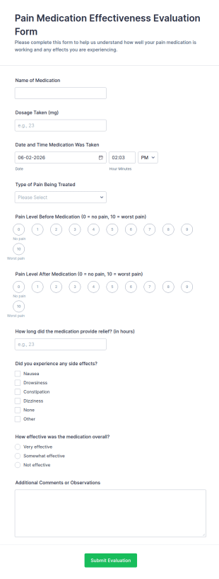 Pain Medication Effectiveness Evaluation Form Template