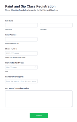 Paint And Sip Class Registration Form Template