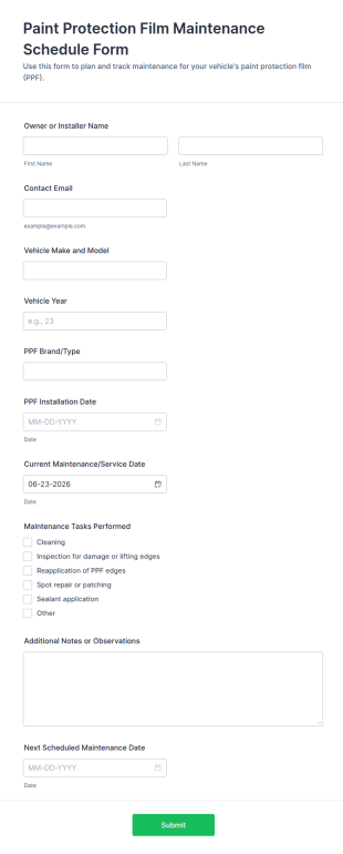 Paint Protection Film Maintenance Schedule Form Template