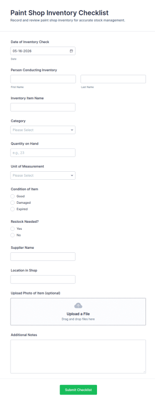Paint Shop Inventory Checklist Form Template