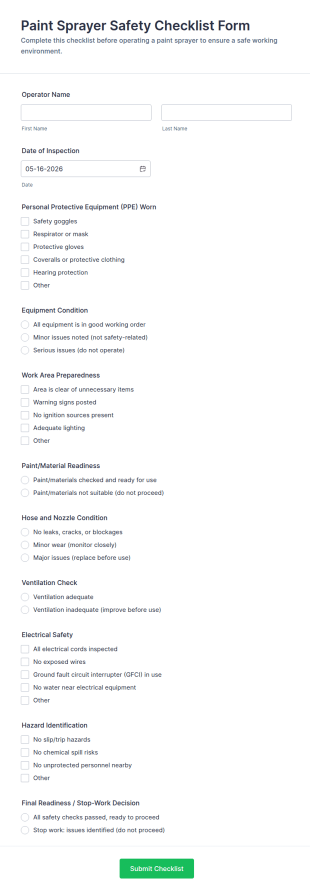 Paint Sprayer Safety Checklist Form Template