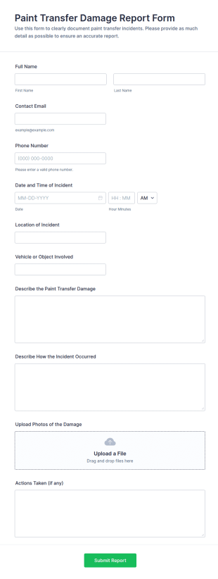 Paint Transfer Damage Report Form Template